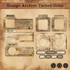 Grunge-archief: dia's met tabbladen - 2 versies met labels | JPEG + PNG voor ongewenste tijdschriften en snijmachines