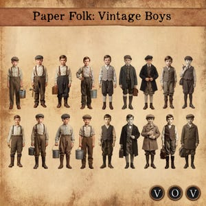 May include: A collage of vintage illustrations depicting young boys in period attire. The boys wear caps, waistcoats, and coats, with some carrying buckets or briefcases. The image is labelled "Paper Folk: Vintage Boys" at the top, set against a sepia background.
