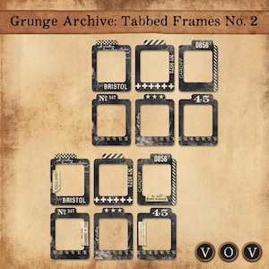 Könnte beinhalten: Eine Sammlung von Tabbed Frames im Grunge-Stil mit Vintage-Ästhetik. Jeder dunkelgraue Rahmen hat eine rechteckige Öffnung und dekorative Elemente, darunter Text wie "Bristol" und Zahlen. Die Rahmen sind auf einem strukturierten, beigefarbenen Hintergrund angeordnet.
