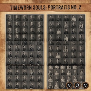 May include: A sepia-toned print titled "Timeworn Souls: Portraits No. 2" featuring a grid of vintage portrait photographs. The portraits showcase individuals of various ages, with a focus on historical attire and expressions.
