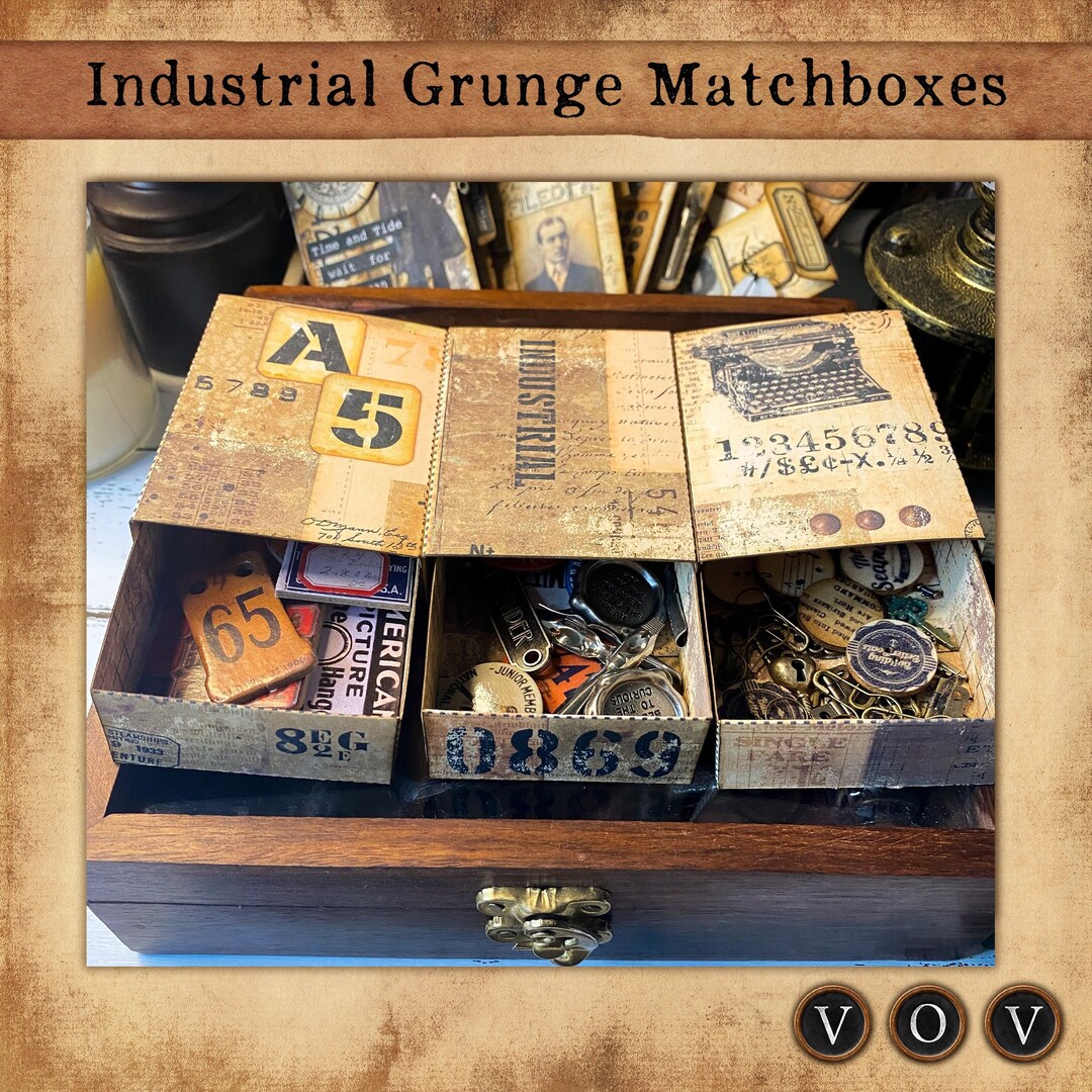 Industrial Grunge Matchboxes, Ephemera, Ephemera Storage, Printable