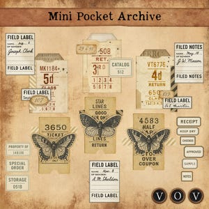 Mini pocket archief afdrukbare kit - vintage tickets, tags, labels, vlinderstroken, mini-enveloppen, efemere ongewenste tijdschriften, plakboekvoorraad