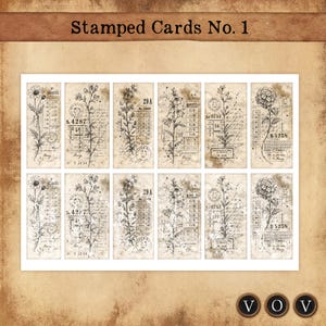 Puede incluir: Una colección de tarjetas estampadas de estilo vintage, con ilustraciones botánicas y texturas de papel envejecido. Cada tarjeta presenta dibujos detallados de flores y follaje, con texto y números manuscritos. Las tarjetas están dispuestas en una cuadrícula, con el título "Stamped Cards No. 1" en la parte superior.