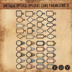May include: A collection of antique-style optical lens frames arranged in a grid on a textured parchment background. The image features the text "ANTIQUE OPTICS: OPTICAL LENS FRAMES NO. 2" at the top and three circular icons with letters V, O, V at the bottom.