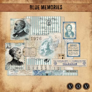 May include: A digital collage titled BLUE MEMORIES featuring vintage-style ephemera, including portraits of a man and woman, French administrative documents, a telegram, postage stamps, and a butterfly illustration in shades of blue and sepia.