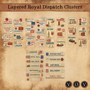May include: A collection of layered Royal Dispatch clusters with a vintage aesthetic. The designs feature stamps, labels, and illustrations of London landmarks, including Big Ben and the Union Jack flag. Text includes "Royal Mail," "Postage Paid," and "Priority."