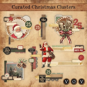 Könnte beinhalten: Eine Sammlung von digitalen Scrapbook-Elementen zum Thema Weihnachten. Das Bild zeigt Illustrationen des Weihnachtsmanns, Vintage-Fotos, dekorative Etiketten und Filmstreifen-Stil-Rahmen. Die Farbpalette umfasst Rot-, Grün- und Beigetöne mit dem Text "Curated Christmas Clusters".