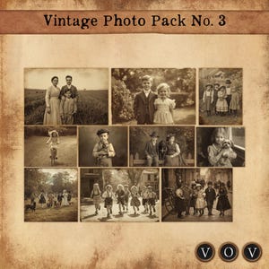 Può includere: Una collezione di fotografie vintage in tonalità seppia disposte su uno sfondo strutturato. Le immagini raffigurano varie scene, tra cui famiglie, bambini e ambienti esterni. Il testo "Vintage Photo Pack No. 3" è visualizzato in alto.
