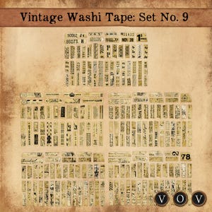 May include: A collection of vintage washi tape strips with a sepia tone. The tape features various designs, including text, numbers, and postal-themed graphics. The text "Vintage Washi Tape: Set No. 9" is at the top.