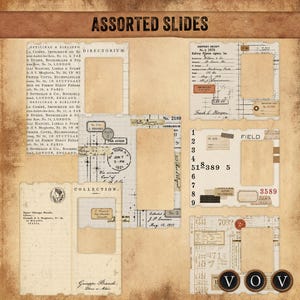 May include: A collection of six rectangular paper slides with scalloped edges, featuring vintage-style ephemera designs including printed text, postal stamps, handwritten script, numbers, and blank central windows on a textured tan background.