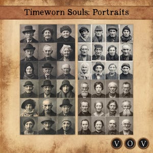 Puede incluir: Un collage en tonos sepia de retratos antiguos, dispuestos en una cuadrícula. El título es "Timeworn Souls: Portraits". Los retratos en blanco y negro muestran a diversas personas, evocando una estética vintage y atemporal.
