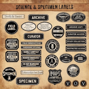 Puede incluir: Una colección de etiquetas científicas y de especímenes en blanco y negro sobre un fondo beige. Las etiquetas presentan varias formas y textos como Archive, Curator, Field Label, Handle Carefully y Do Not Rearrange, junto con iconos de insectos.