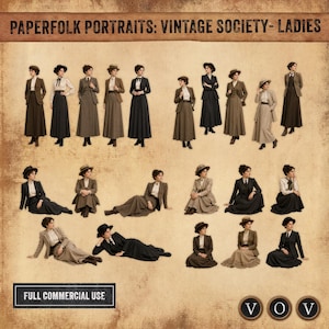 Retratos de damas da sociedade vintage em papel | 40 mulheres vitorianas PNG | Objetos femininos vintage
