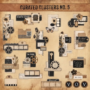 May include: A digital scrapbooking kit titled Curated Clusters No. 5 featuring vintage-style ephemera, including film strips, botanical illustrations, old camera icons, butterflies, typewriter keys, and aged paper textures in sepia and black tones.
