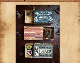 Mini cajas de cerillas vintage, efímeras, almacenamiento de efímeras, cajas imprimibles, cajas de cerillas imprimibles, cajas vintage, grunge vintage, caja vintage