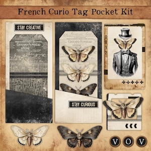 Étuis pour étiquettes de bibelots français, étiquettes vintage, lot de 2 étiquettes grunge vintage 3,69 x 7,95 pouces, étiquettes avec pochette, étiquettes superposées, kit d'étiquettes grunge vintage.