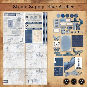 Blue Atelier Studio Supply Printable Kit: Vintage Journal Backgrounds, Tags, Slides Ephemera