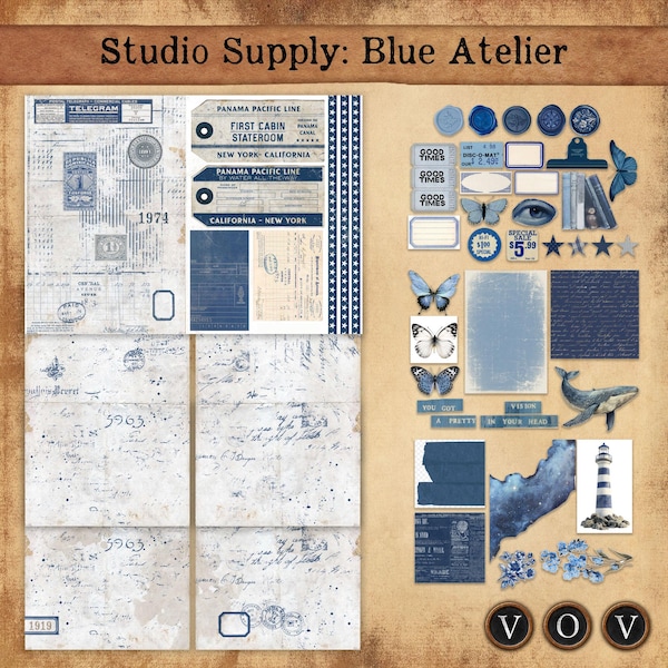 Blue Atelier Studio Supply Printable Kit: Vintage Journal Backgrounds, Tags, Slides Ephemera