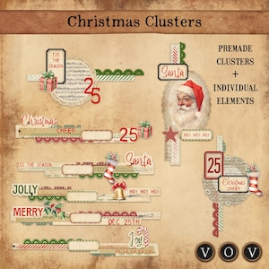 May include: A collection of Christmas-themed digital elements, including text labels with phrases like "Christmas," "Santa," and "Joy." The design features gift boxes, a Santa Claus illustration, and decorative borders in red, green, and white.