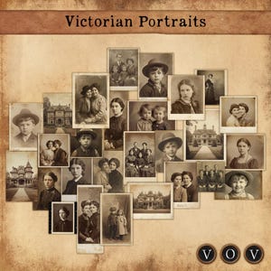 Puede incluir: Un collage de fotograf&iacute;as en tonos sepia de la &eacute;poca victoriana sobre un fondo texturizado. Las im&aacute;genes presentan retratos de individuos, parejas y familias, junto con fotos de casas se&ntilde;oriales. El texto "Victorian Portraits" est&aacute; en la parte superior.