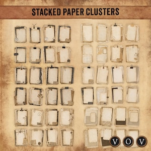 May include: A collection of vintage-style paper clusters, each with unique textures and embellishments. Some papers are held together with clips, tags, and decorative elements. The image is labeled "STACKED PAPER CLUSTERS".
