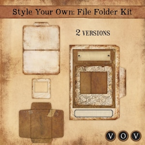 May include: A file folder kit with a vintage aesthetic. The image shows various components, including file folders, frames, and a small envelope, all with a distressed, aged appearance. Text reads "Style Your Own: File Folder Kit" and "2 VERSIONS".