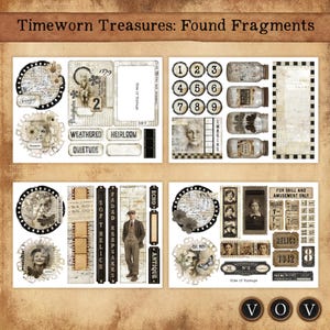 Fragmentos encontrados de tesoros antiguos imprimibles, efímeros, kit de diario vintage, PNG JPEG