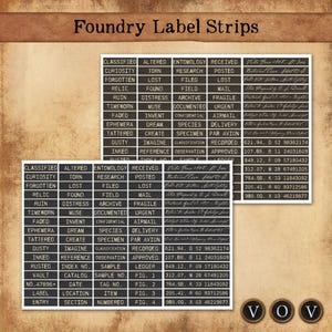 May include: Two vintage-style Foundry Label Strips with a distressed aesthetic. The labels feature various words like "Classified," "Forgotten," and "Archive," along with handwritten notes and numbers. The background is a warm, aged paper color.