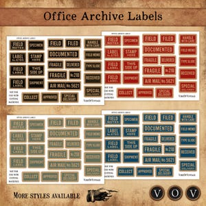 Etiquetas de arquivo de escritório para impressão • Objetos de diário de lixo • Etiquetas de estilo vintage • Variações de papel kraft e economia de tinta • Download de PDF