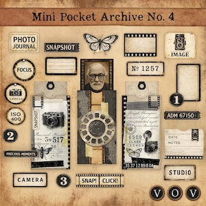 May include: A collage of vintage-style ephemera with a photography theme. Includes labels with text like "Photo Journal," "Snapshot," and "Camera," along with a butterfly, film strips, and a portrait. The color palette is sepia and cream.