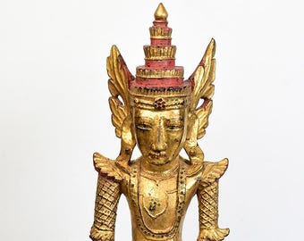 18th Century, Shan, Antique Burmese Wooden Seated Crowned Buddha with Gilded Gold