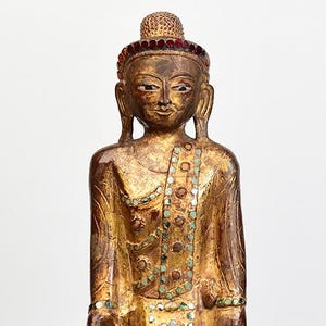 19th Century, Mandalay, Antique Burmese Wooden Standing Buddha with Gilded Gold and Glass