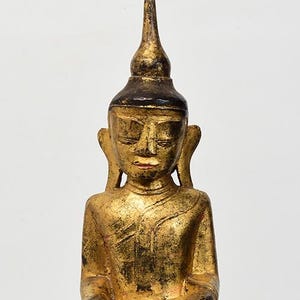 18th Century, Shan, Antique Burmese Wooden Seated Buddha with Gilded Gold
