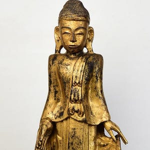 19th Century, Mandalay, Antique Burmese Wooden Standing Buddha with Gilded Gold