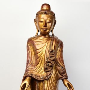 19th Century, Mandalay, Antique Burmese Wooden Standing Buddha Statue with Gilded Gold