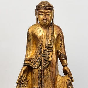 19th Century, Mandalay, Antique Burmese Wooden Standing Buddha with Gilded Gold