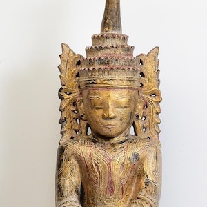 17th Century, Shan, Antique Burmese Wooden Seated Crowned Buddha