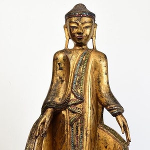19th Century, Mandalay, Antique Burmese Wooden Standing Buddha with Gilded Gold and Glass