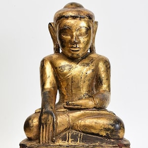 17th Century, Shan, Antique Burmese Wooden Seated Buddha with Gilded Gold