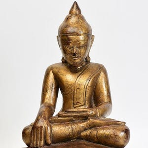 18th Century, Shan, Antique Burmese Wooden Seated Buddha with Gilded Gold
