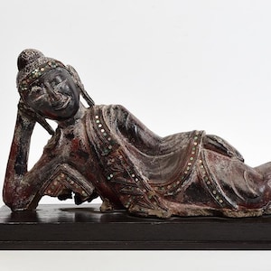 19th Century, Mandalay, Antique Burmese Wooden Reclining Buddha with Stand