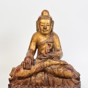19th Century, Mandalay, Antique Burmese Wooden Seated Buddha with Gilded Gold