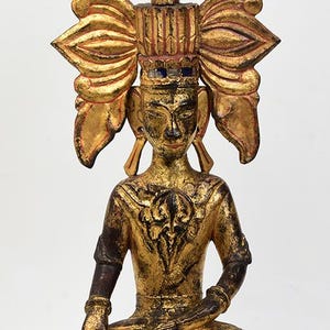 18th Century, Shan, Antique Burmese Wooden Seated Crowned King Buddha Statue
