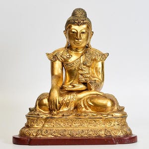 19th Century, Mandalay, Antique Burmese Wooden Seated Buddha with Gilded Gold