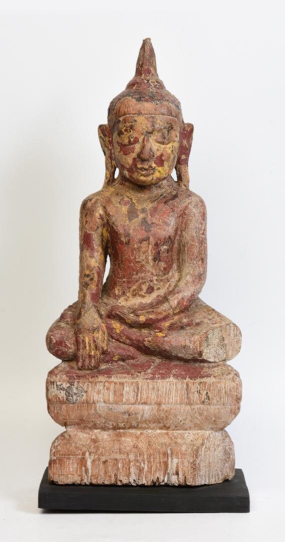 17th Century, Shan, Antique Burmese Wooden Seated Buddha