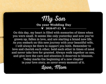 Son Gift Personalized Engraved Wallet Card for Son on Wedding Day. Gift for Him. Wedding Card for Son. Gift from Mom and Dad to my Son.