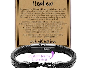 May include: Black braided leather bracelet with a stainless steel clasp, engraved with the name "Kevin". The accompanying card reads "To My Nephew" with a heartfelt message. Features custom name engraving.