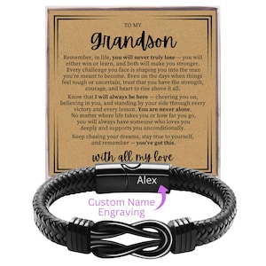 May include: Black braided leather bracelet with a stainless steel clasp, engraved with the name "Alex." The accompanying card reads "To My Grandson" with an inspirational message. The bracelet is a thoughtful gift.