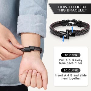 May include: A black leather bracelet with a magnetic clasp. The bracelet has a braided design and is shown on a person's wrist. The image includes instructions on how to open and close the bracelet.