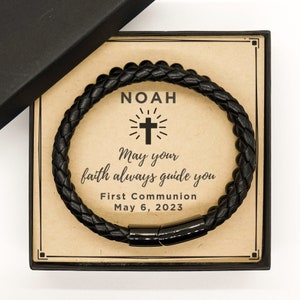 Gepersonaliseerde cadeau voor eerste communie • Aangepast cadeau, leren gevlochten armband met kralen en aangepaste kaart • Eerste bevestigingscadeau tienerjongen